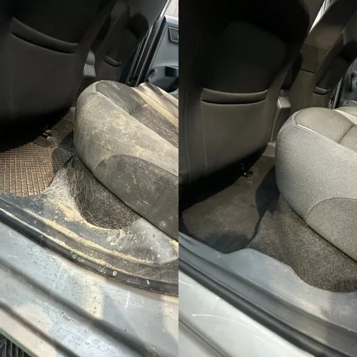 Čištění podlahy a prostoru pod zadní sedačkou auta před a po detailním vysávání